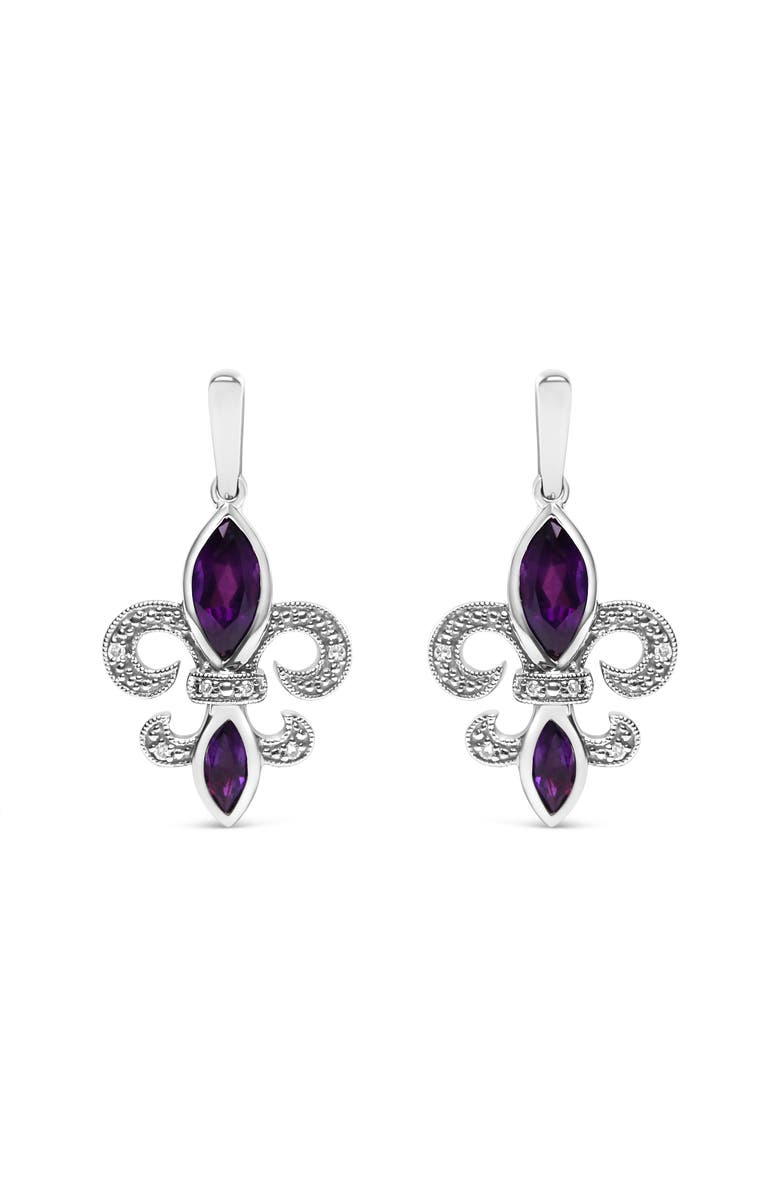 Haus of Brilliance Silver Amethyst & Diamond Accent Fleur De Lis Dangle Stud Earrings, Main, color, White