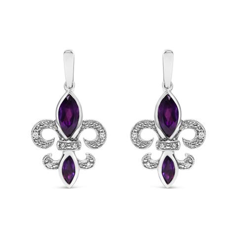 Silver Amethyst & Diamond Accent Fleur De Lis Dangle Stud Earrings