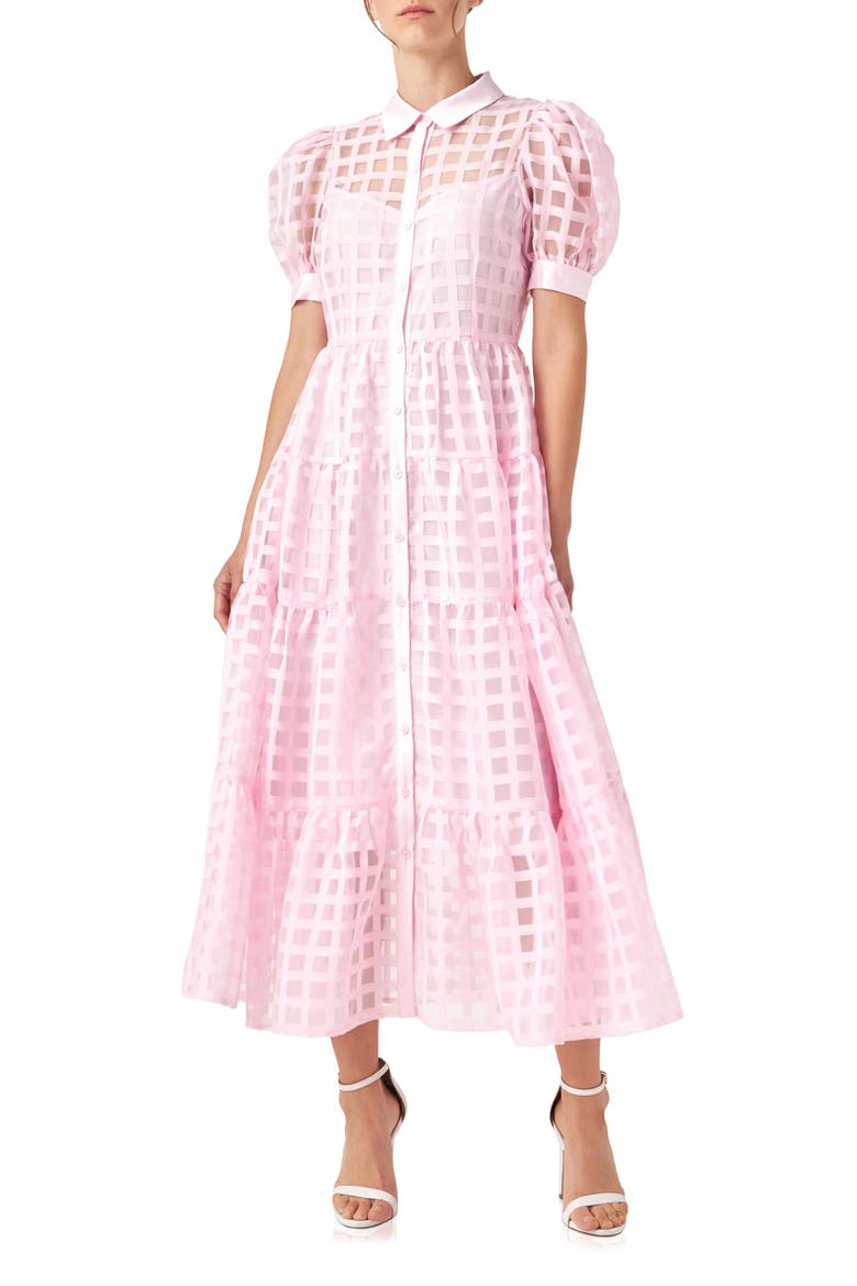 Grid Pattern Tiered Midi Shirtdress, Main, color, BABY PINK