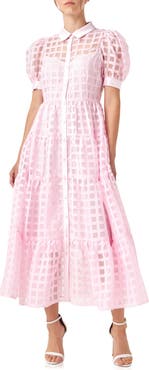 English Factory Grid Pattern Tiered Midi Shirtdress