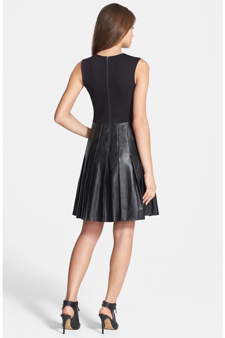 Leather & Ponte Pleat Dress, Alternate, color, BLACK