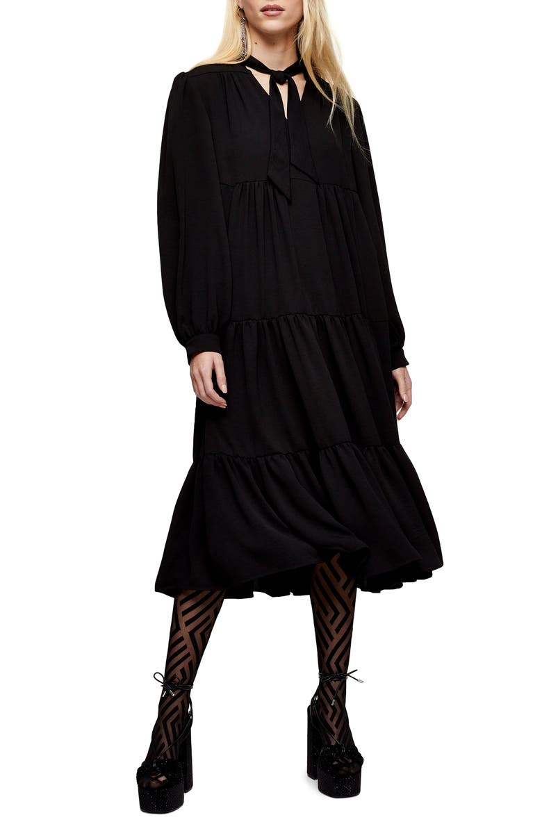 Topshop Tiered Tie Neck Chuckon Long Sleeve Midi Dress, Main, color, 