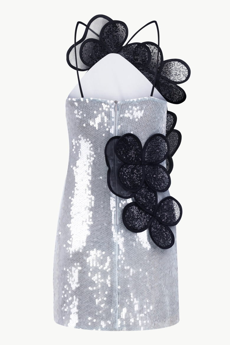 Sequin Mini Dress With Layered Floral Appliques, Alternate, color, Light Blue