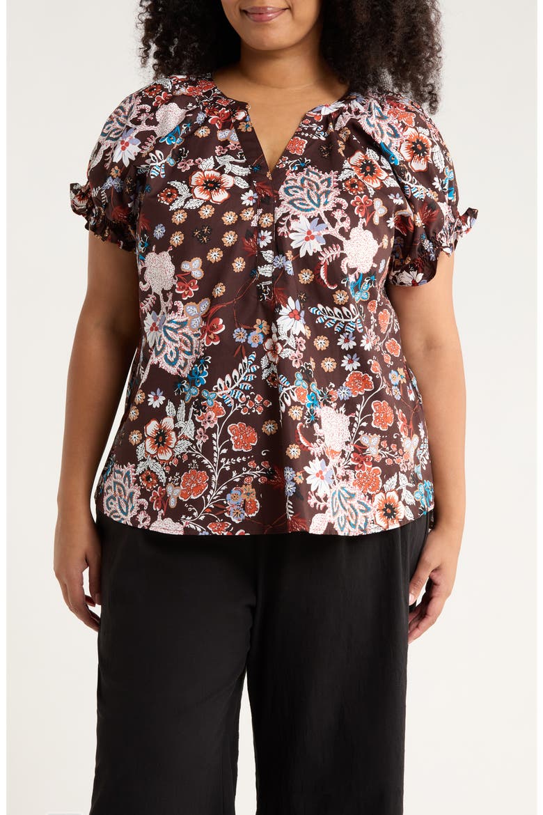 Journee Floral Ruffle Cotton Top, Main, color, BROWN