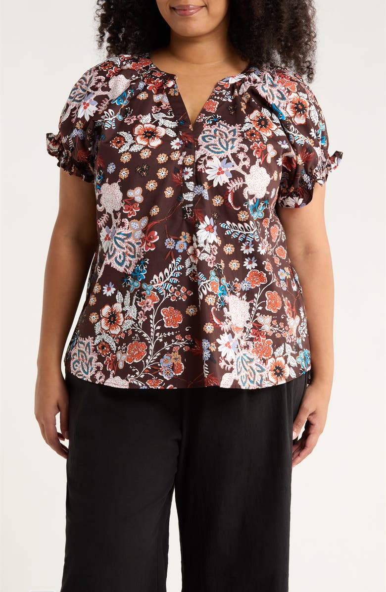 SUGARLIPS Journee Floral Ruffle Cotton Top, Main, color, Brown