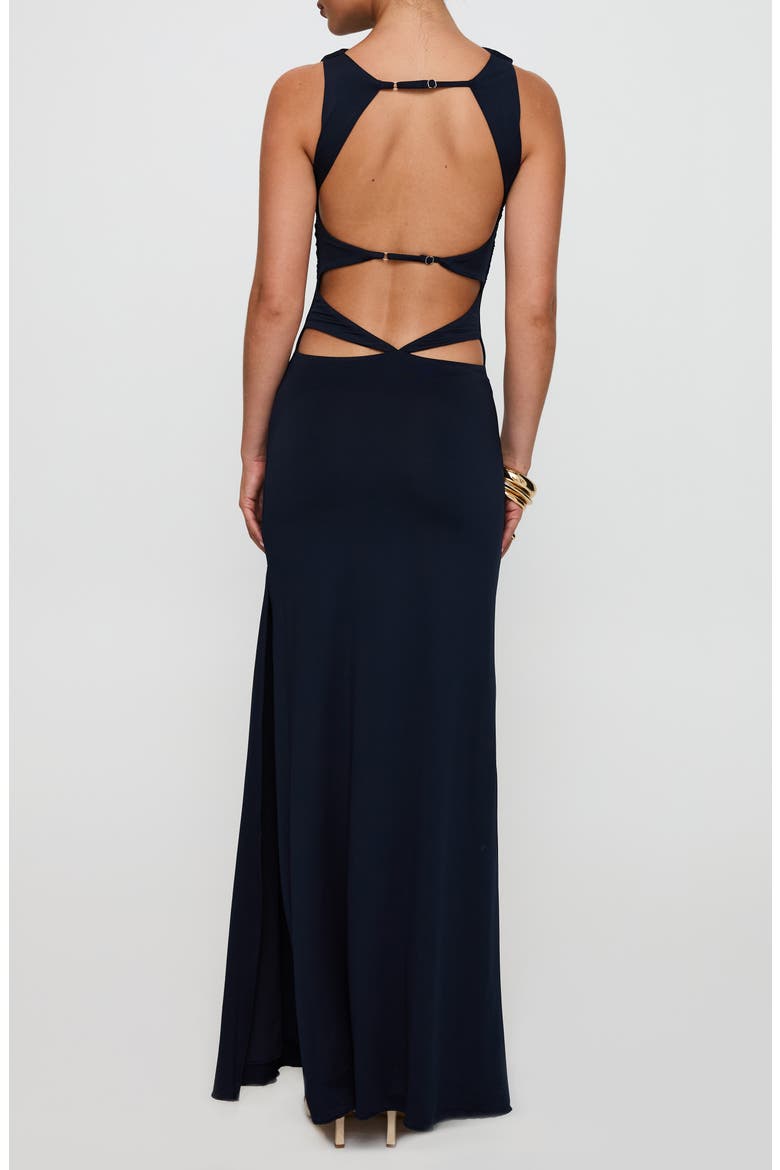 Undeniable Ruched Back Cutout Sheath Gown, Alternate, color, NAVY