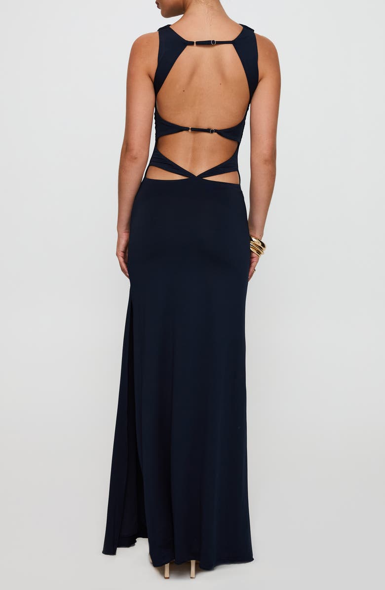 Princess Polly Undeniable Ruched Back Cutout Sheath Gown, Alternate, color, Navy