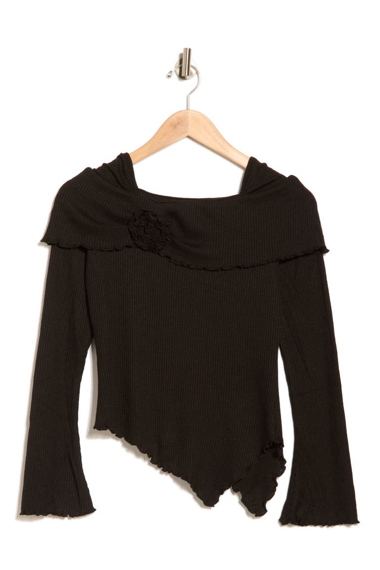 Off the Shoulder Long Sleeve Asymmetric Top, Alternate, color, BLACK