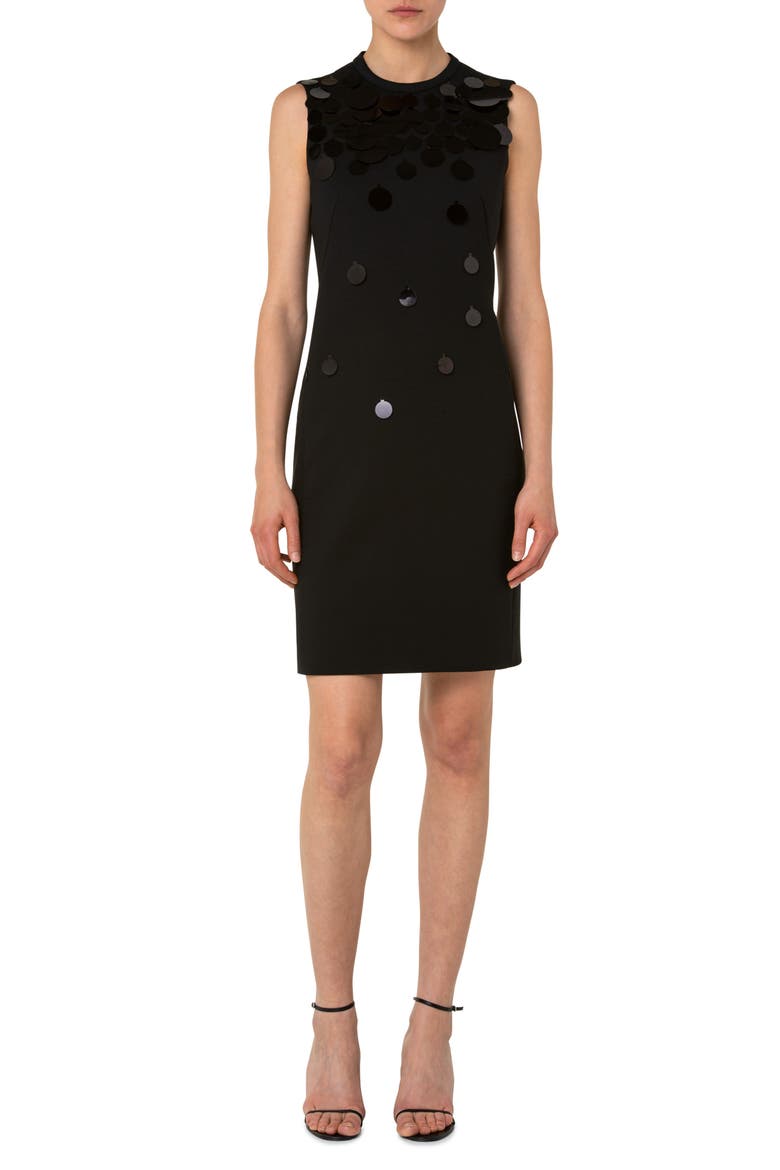 Paillette Sleeveless Stretch Wool Shift Dress, Main, color, BLACK