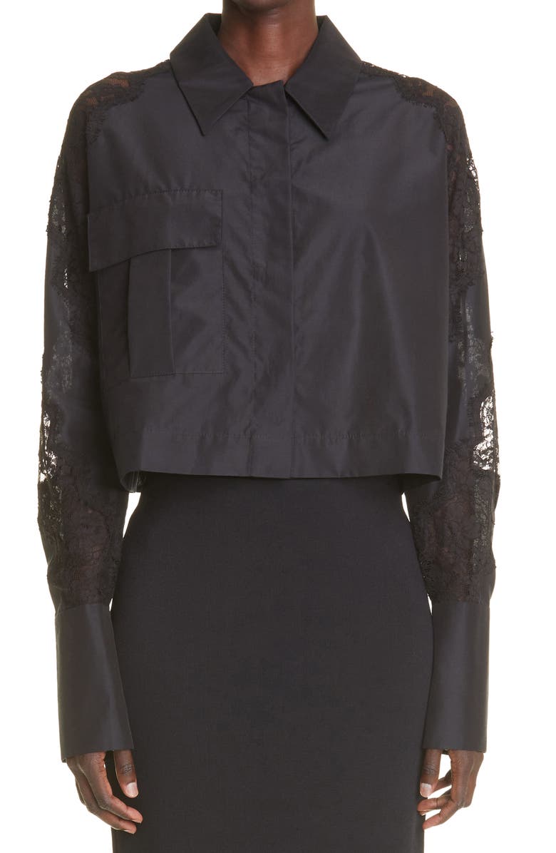 ST. JOHN Collection Lace Trim Cotton & Silk Faille Jacket, Main, color, 