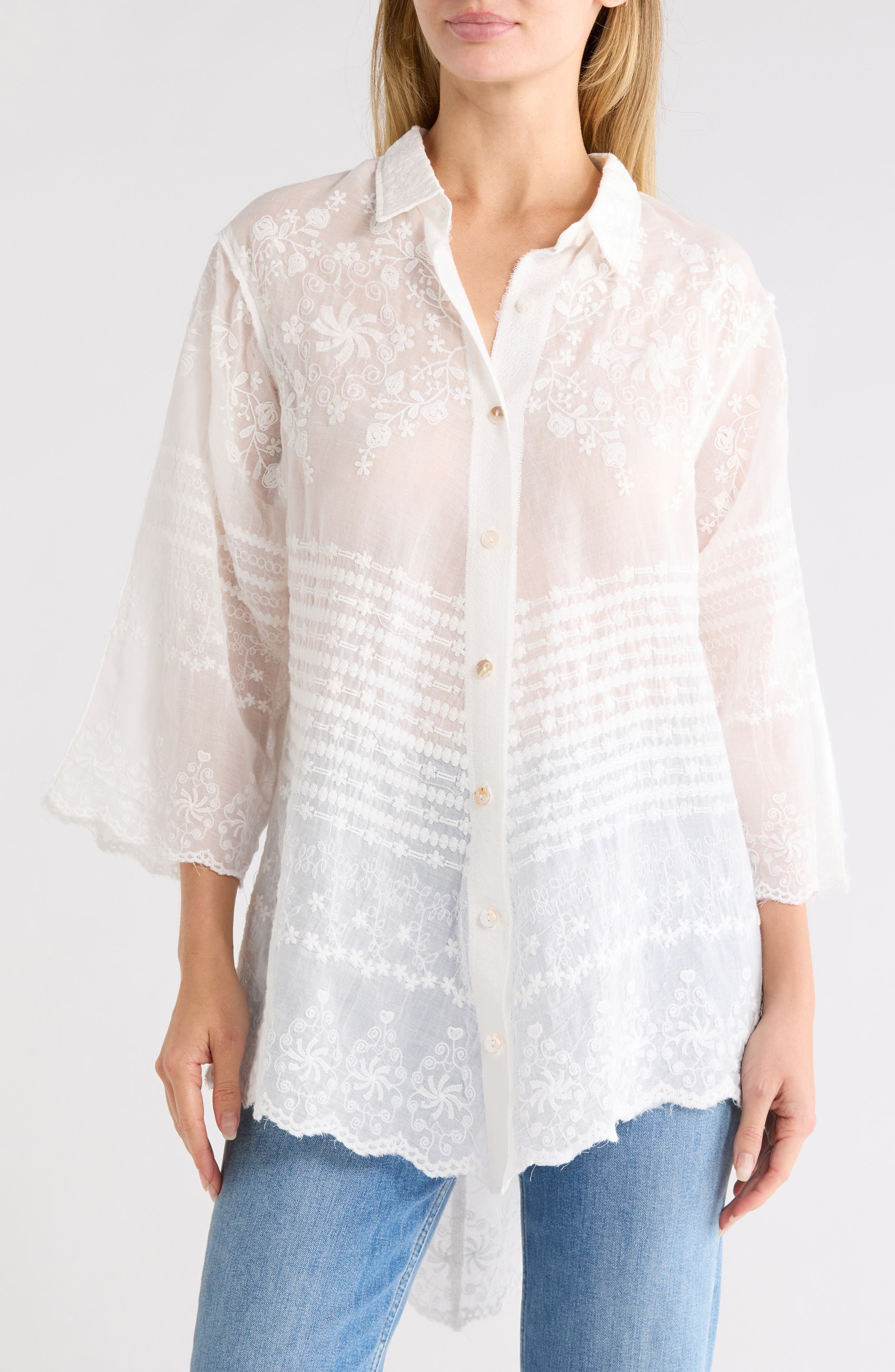 Embroidered Cotton Three-Quarter Sleeve Shirt