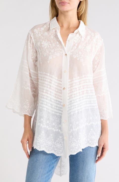 Embroidered Cotton Three-Quarter Sleeve Shirt