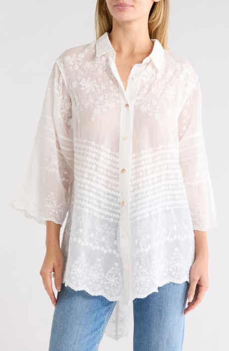 Embroidered Cotton Three-Quarter Sleeve Shirt