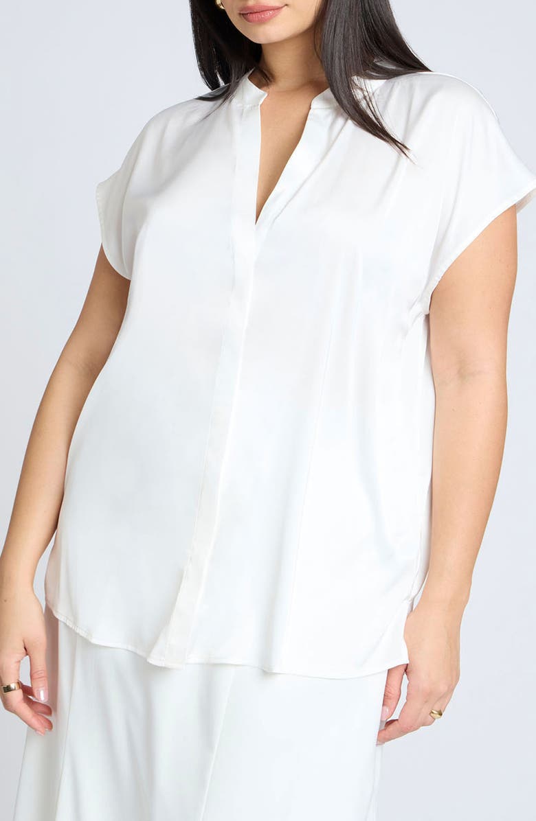 ELOQUII Short Sleeve Satin Button-Up Shirt, Main, color, 