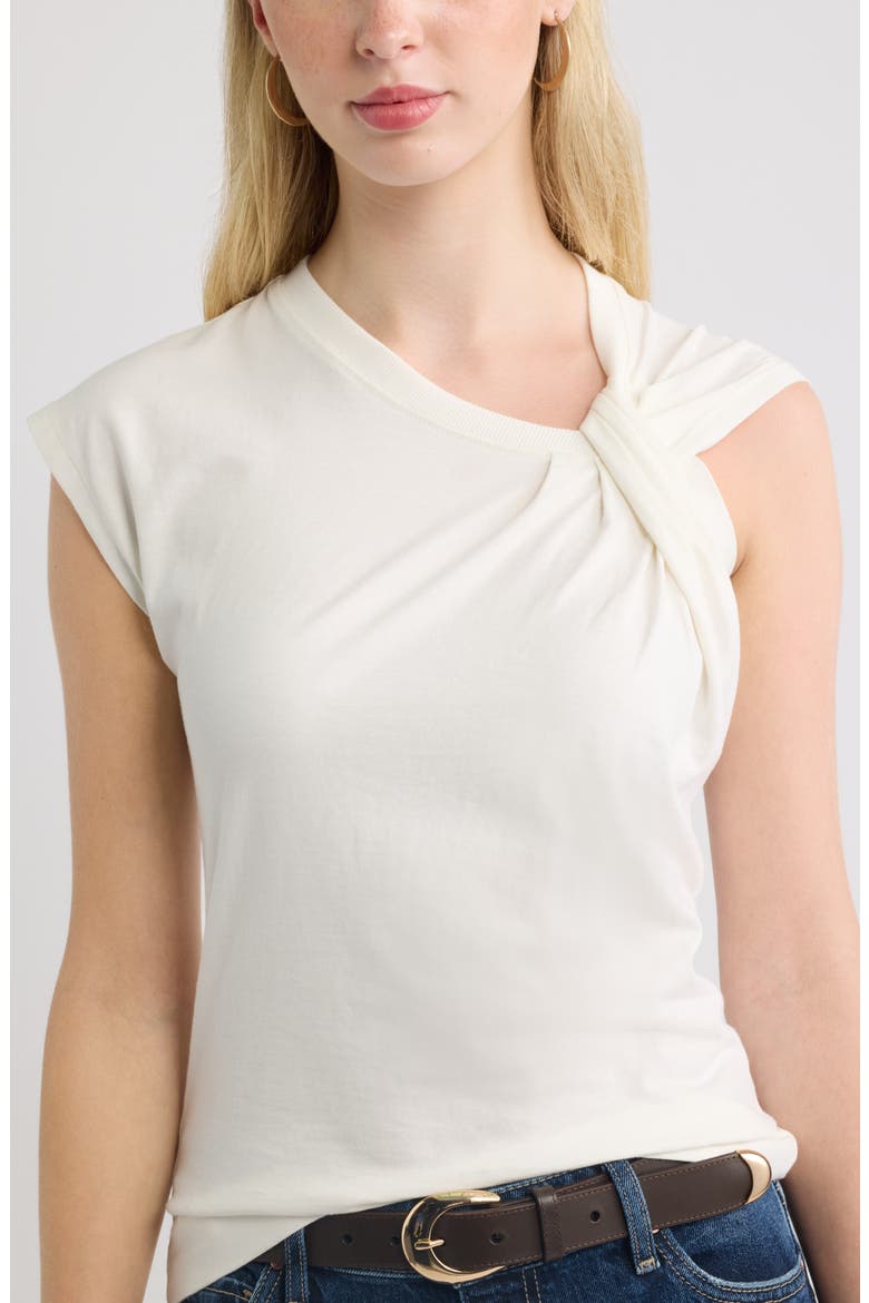 Twist Neck Asymmetric Sleeve Cotton Top, Alternate, color, IVORY EGRET