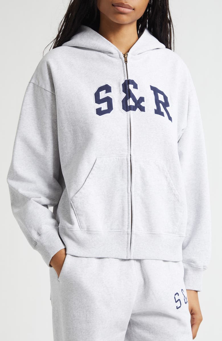 Sporty & Rich Ivy Logo Appliqué Cotton Graphic Zip-Up Hoodie, Alternate, color, Heather Gray