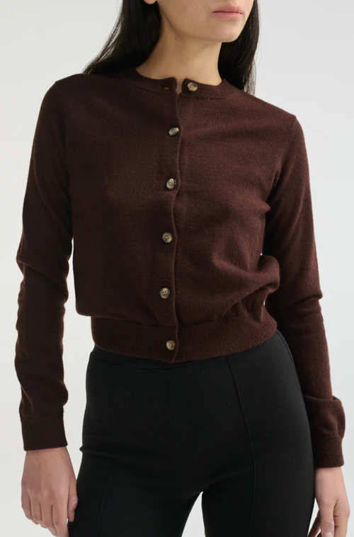 Almina Concept Classic Crew Wool Cardigan In Dark Espresso