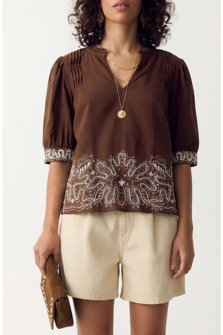 Embroidered Popover Top, Main, color, CONKER BROWN