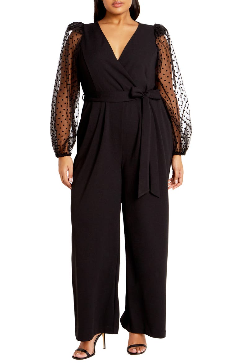 Asher Swiss Dot Sleeve Jumpsuit, Main, color, BLACK