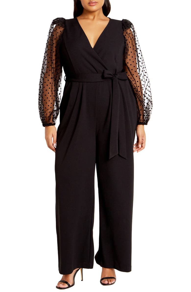 City Chic Asher Swiss Dot Sleeve Jumpsuit, Main, color, Black
