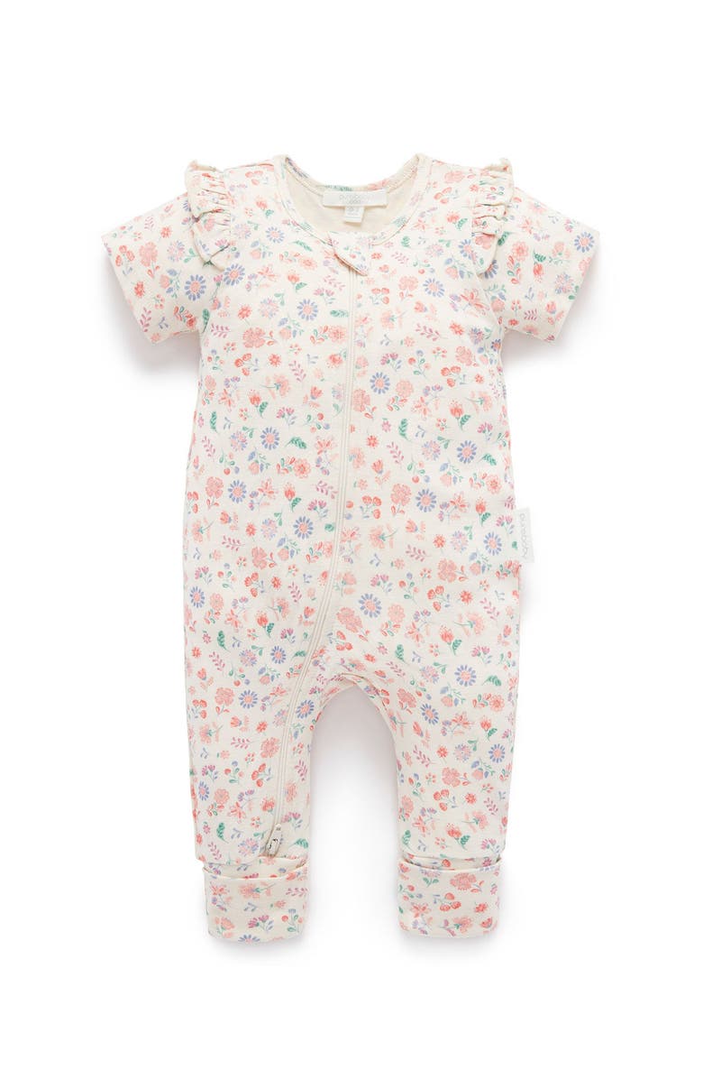 Purebaby Printed Short Sleeve Long Leg Ruffle Romper, Main, color, Flor Print