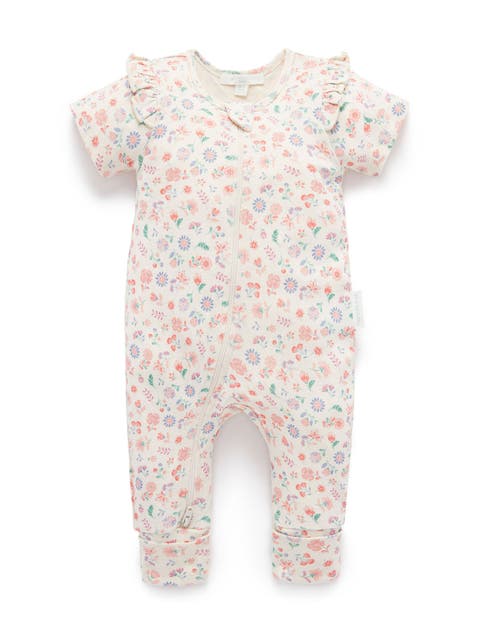 Printed Short Sleeve Long Leg Ruffle Romper