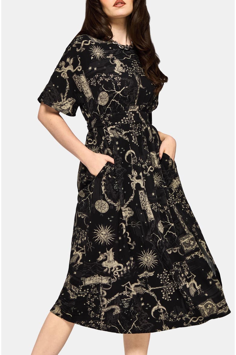 Isolde Medieval Map Tie Back Midi Dress, Alternate, color, Black