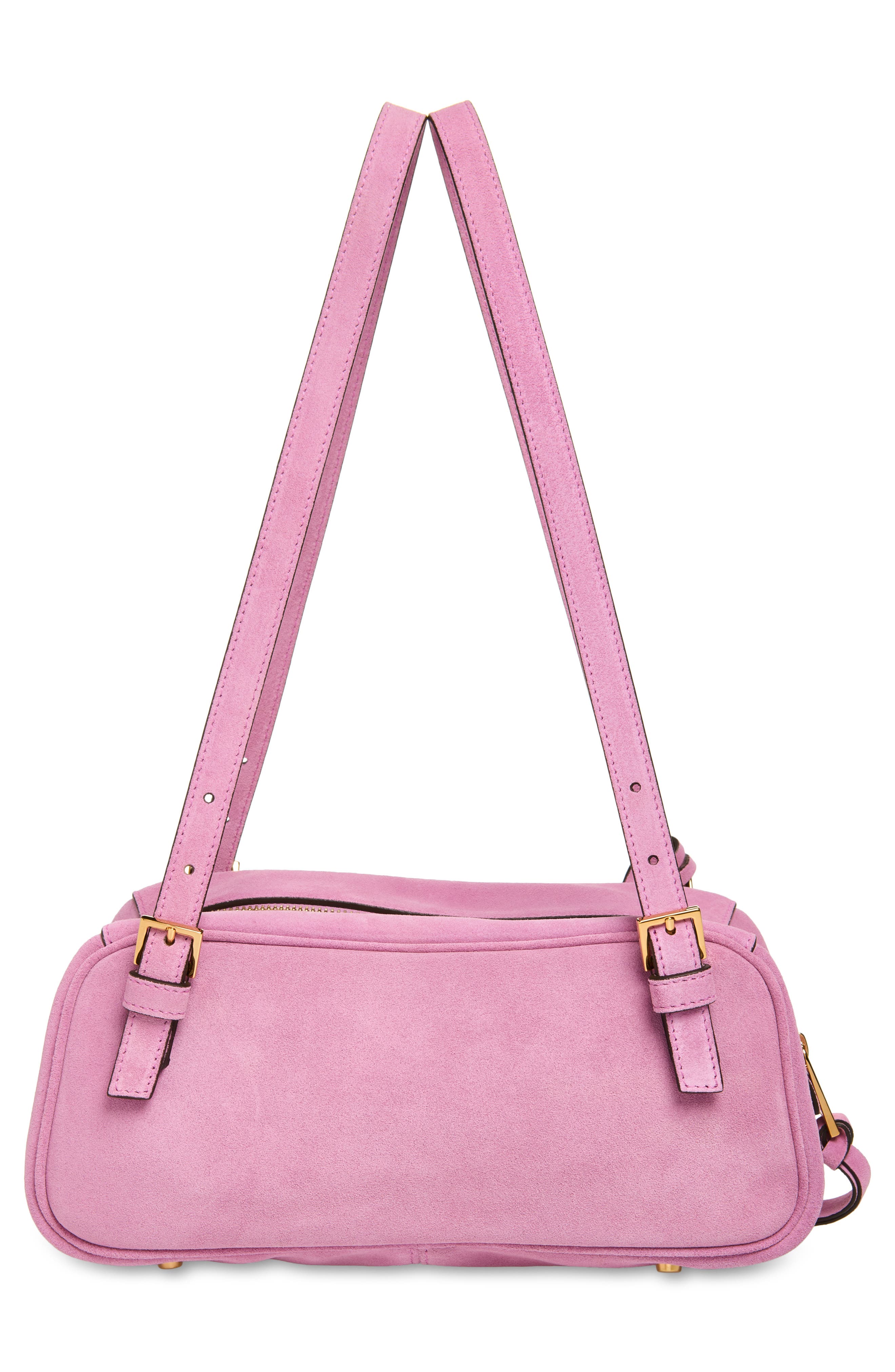 Versace Logo East/West Suede Shoulder Bag, Alternate, color, Dusty Mauve Gold