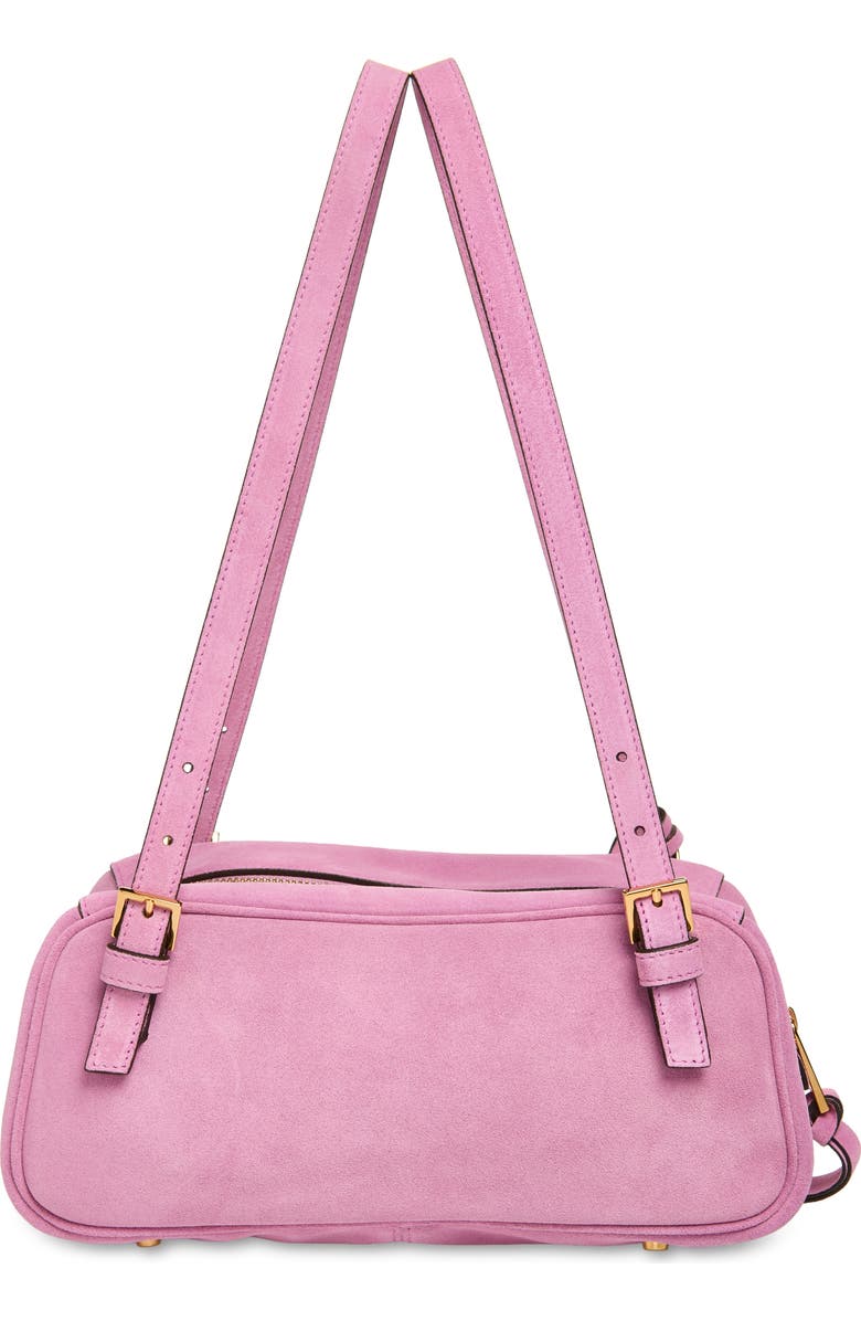 Versace Logo East/West Suede Shoulder Bag, Alternate, color, Dusty Mauve Gold