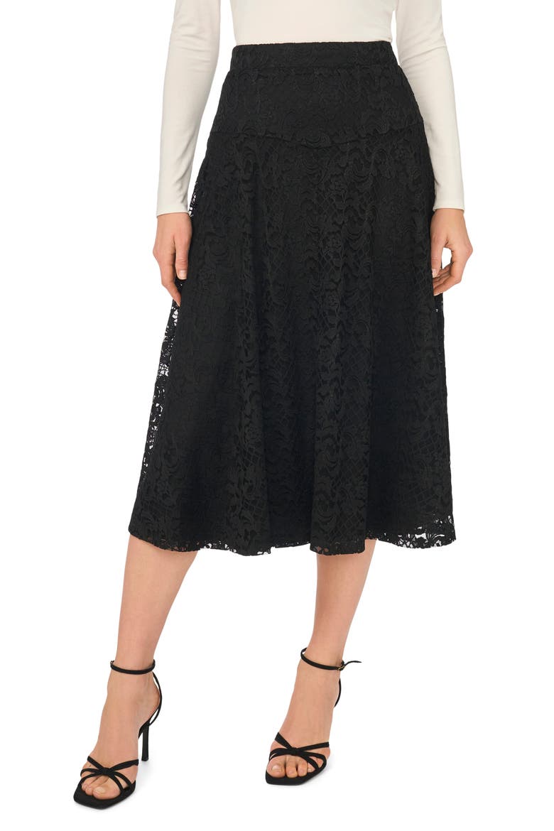 Lace Godet Midi Skirt, Main, color, RICH BLACK
