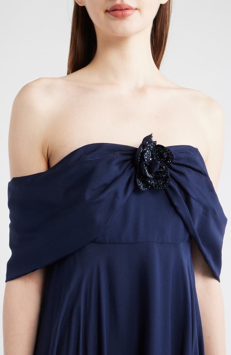 Sachin & Babi Rebecca Rosette Detail Off the Shoulder Silk Chiffon Gown, Alternate, color, Midnight