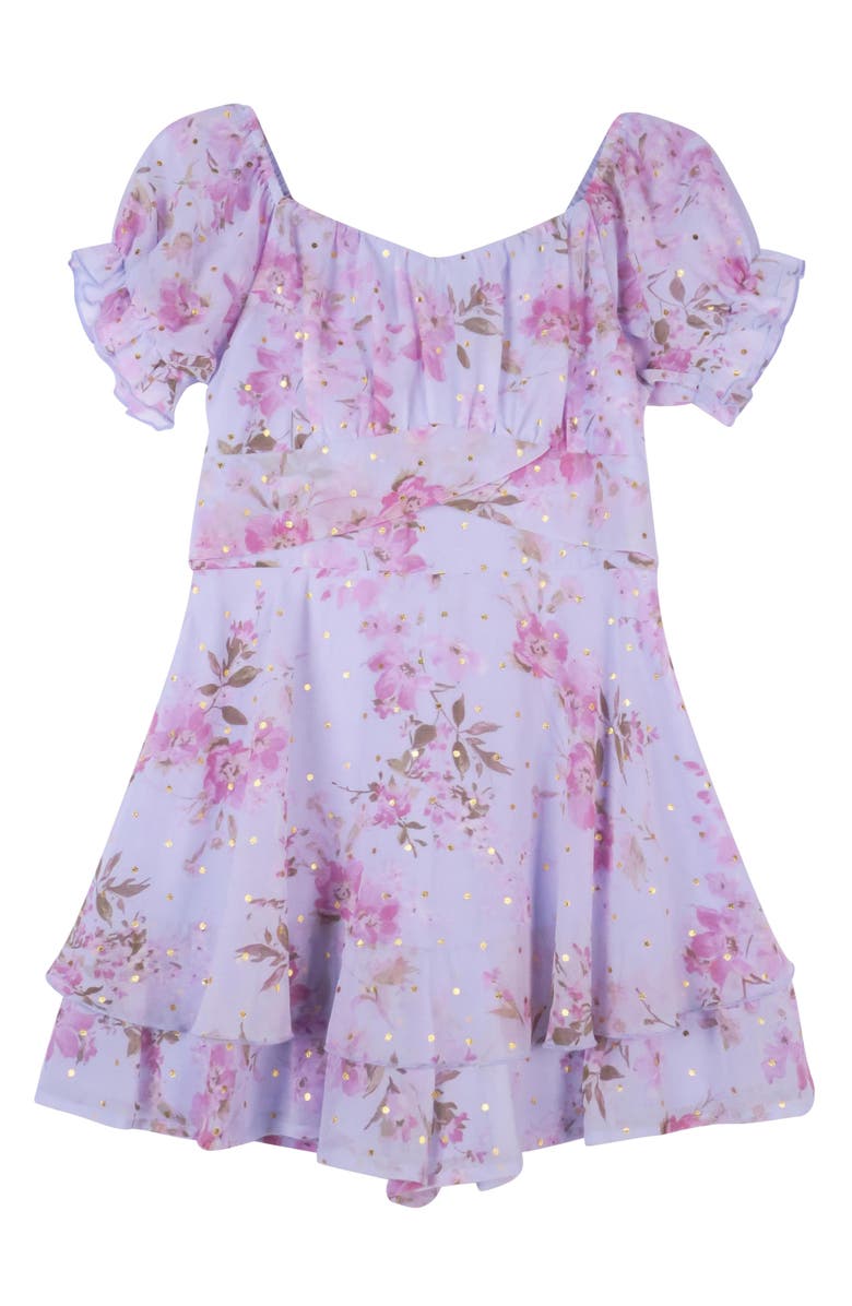 Zunie Kids' Floral Puff Sleeve Party Romper, Main, color, Blue Multi