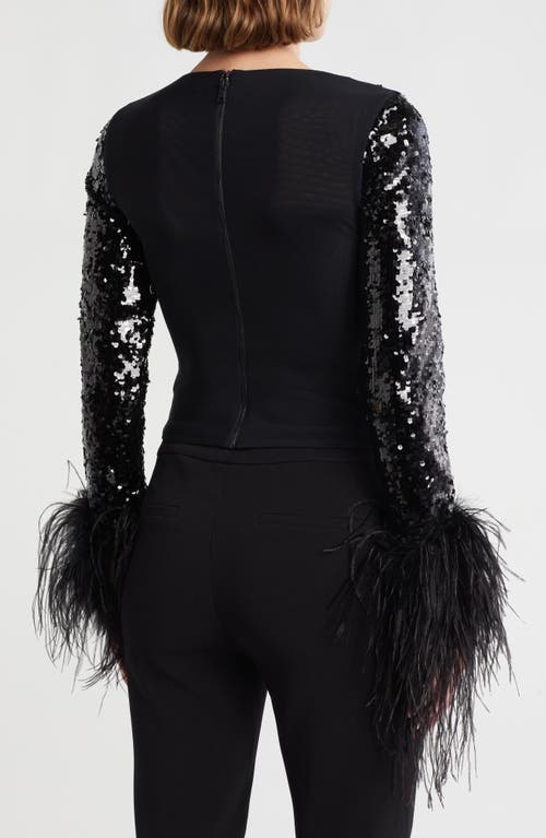 Alice And Olivia Alice + Olivia Delaina Sequin Feather Trim Top In Black