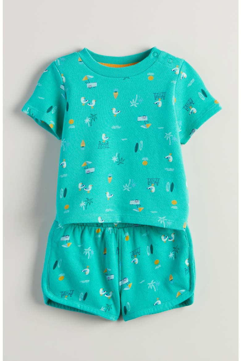 Print Cotton T-Shirt & Shorts Set, Main, color, GREEN AQUAMARINE BEACH SCENE