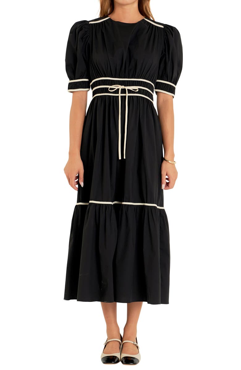 English Factory Bow Puff Sleeve Cotton Blend Midi Dress, Alternate, color, Black
