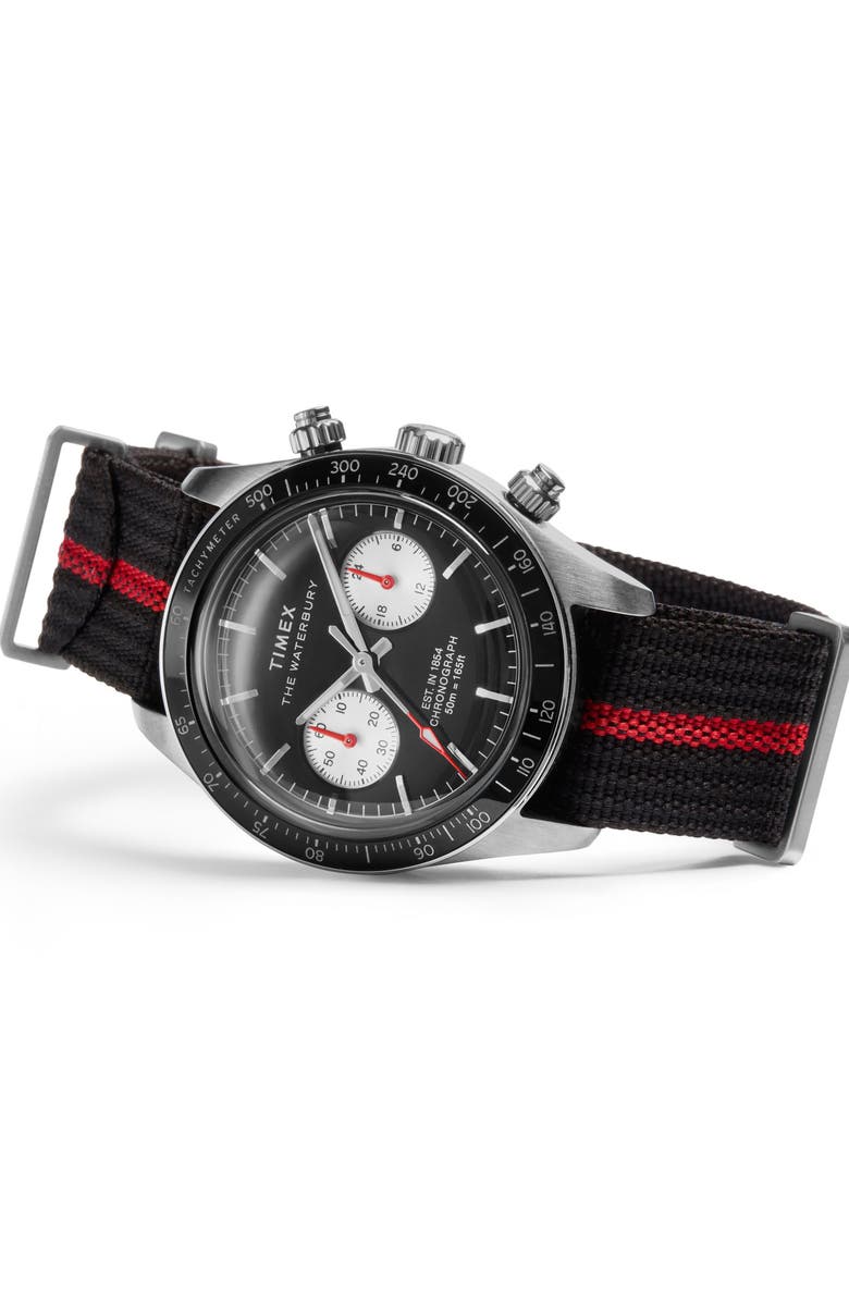 Timex<sup>®</sup> Waterbury Heritage Chronograph Webbing Strap Watch, 39mm, Alternate, color, Black