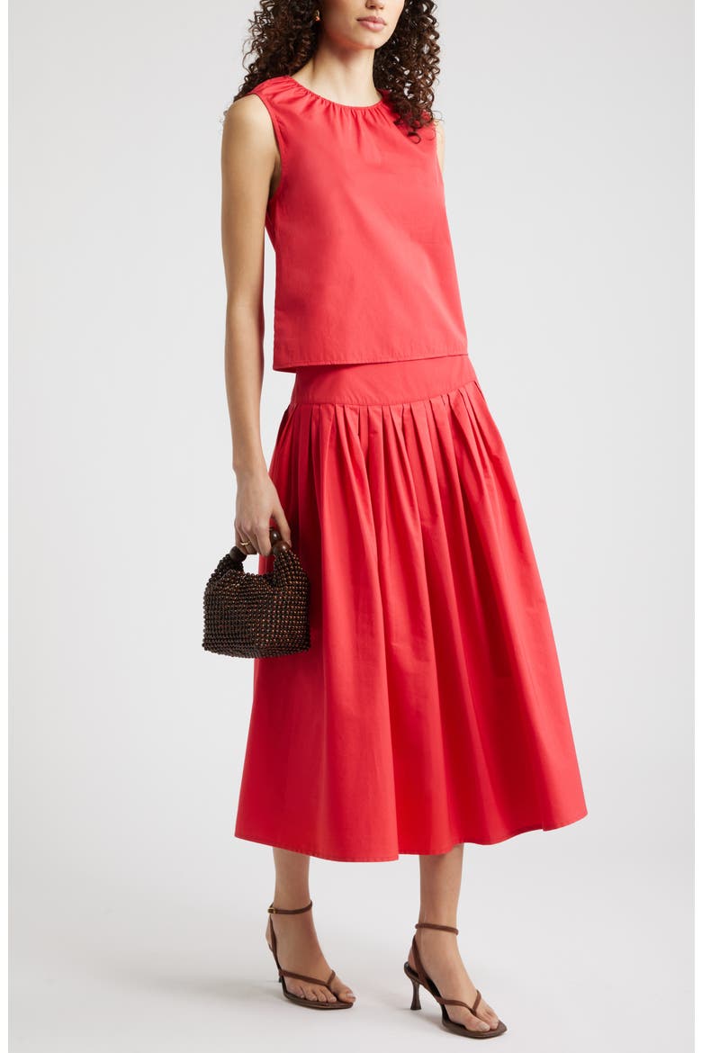 Pleated Cotton Poplin Skirt, Alternate, color, RED SAUCY