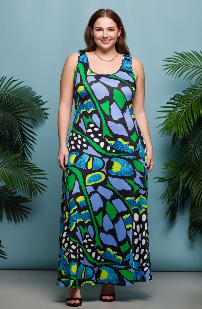 24seven Comfort Apparel Print Sleeveless Maxi Dress, Alternate, color, Green Multi