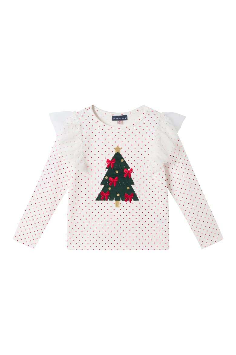 Kids' Christmas Tree Applique Tulle Ruffle T-Shirt, Main, color, CREAM POLKA DOT