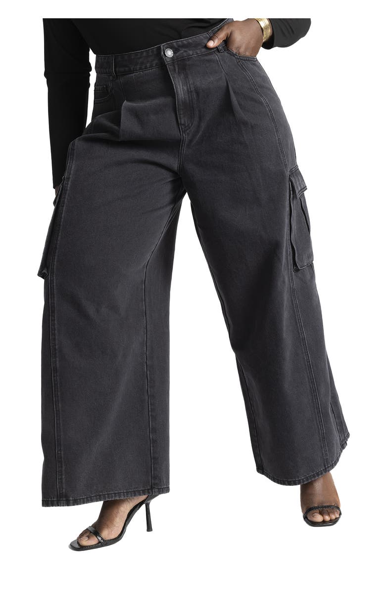 ELOQUII Wide Leg Cargo Jean, Main, color, Washed Black