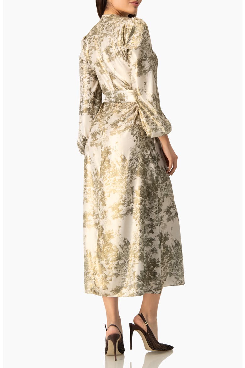 Botanical Print Satin, Long Sleeve Belted Keyhole Midi Dress, Alternate, color, Olive Green