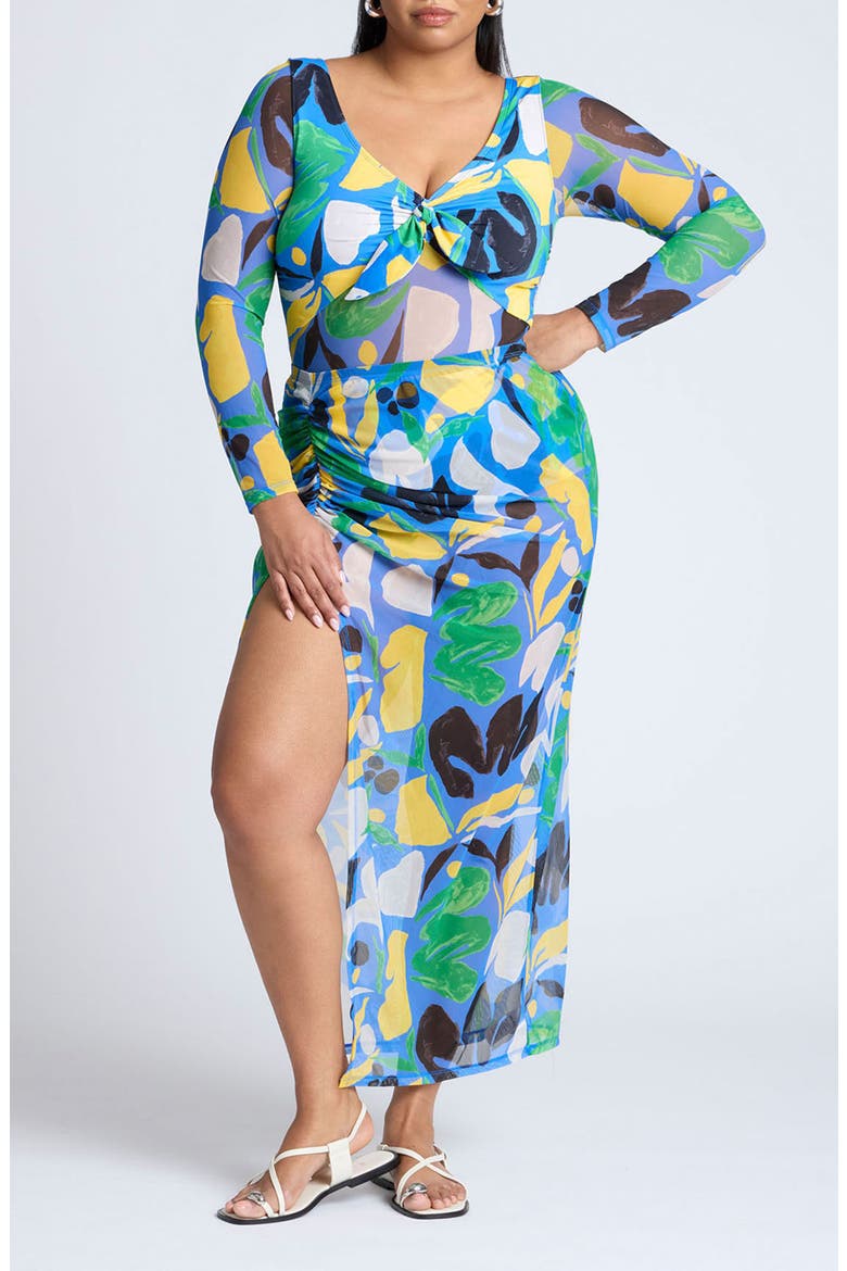 Recolor Gathered Side Slit Cover-Up Sarong, Alternate, color, BLUE GROUND FLORAL