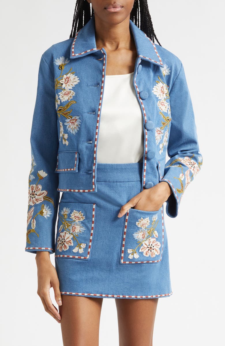Veronica Beard Vikaria Floral Embroidery Stretch Cotton Jacket, Main, color, Sea Glare