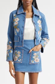 Veronica Beard Vikaria Floral Embroidery Stretch Cotton Jacket