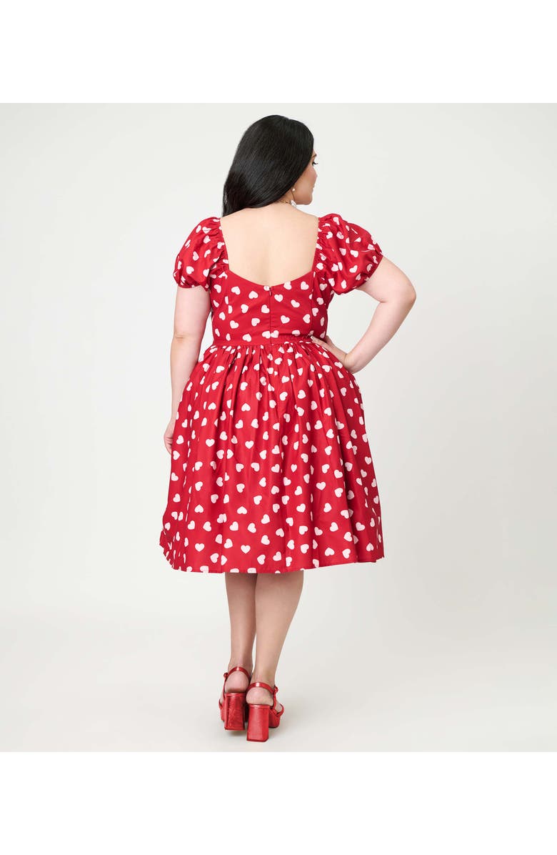 Unique Vintage Plus Size Puff Sleeve Sweetheart Fit & Flare Dress, Alternate, color, Red W/ White Heart Print
