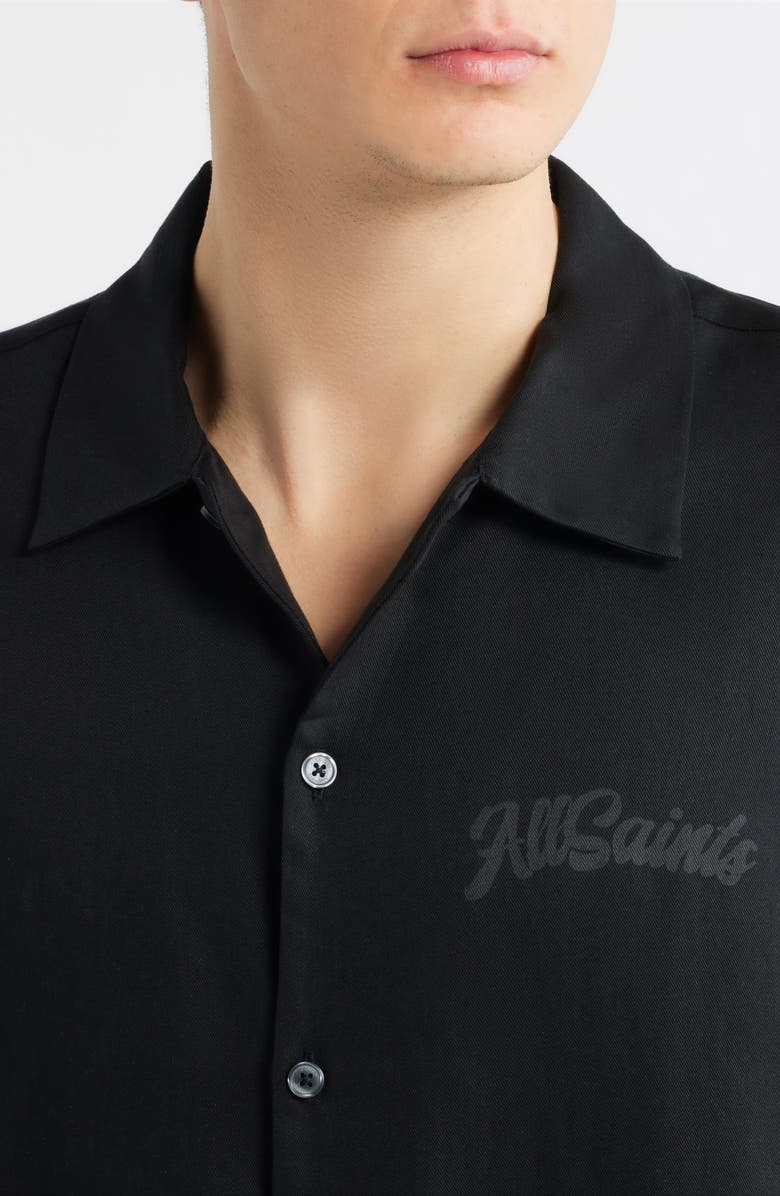 AllSaints Circe Logo Graphic Oversize Short Sleeve Button-Up Shirt, Alternate, color, Jet Black