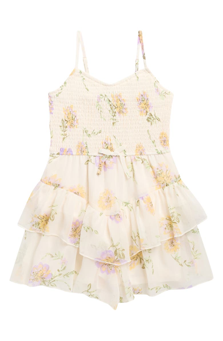 Zunie Kids' Floral Smocked Bodice Romper, Main, color, Ivory Multi