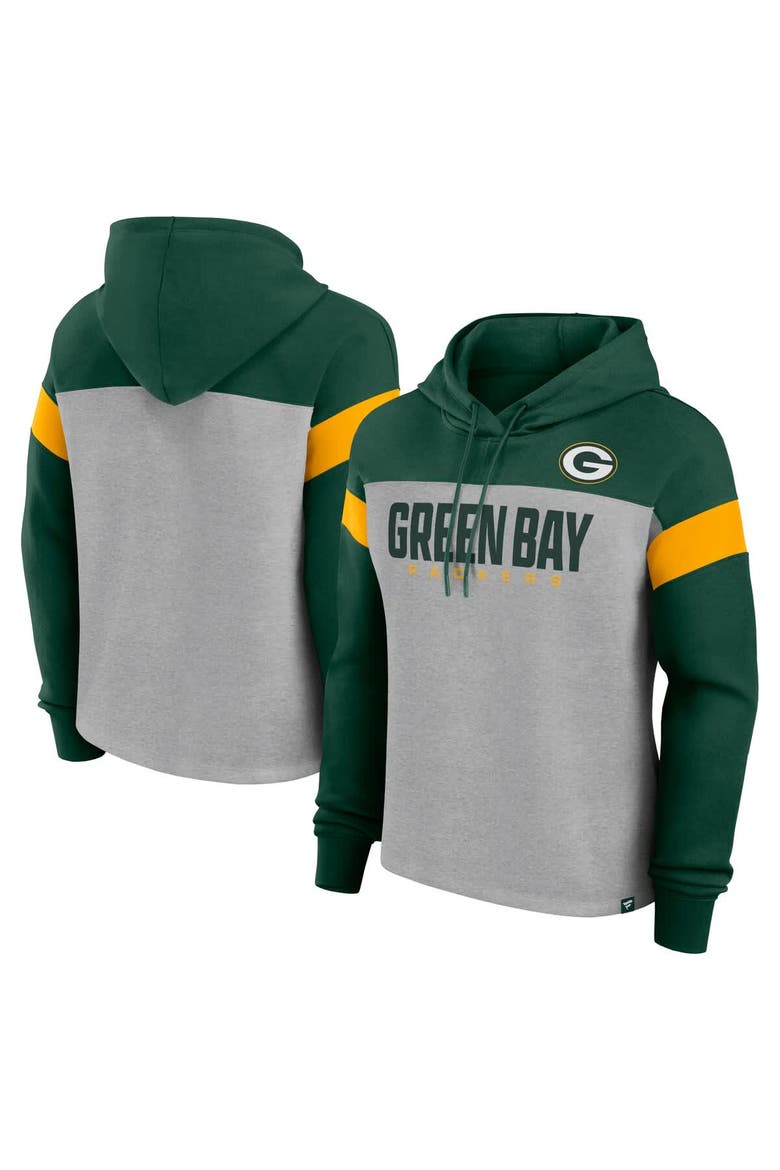 Women's Fanatics Heather Gray/Green Green Bay Packers Bold Play Call Pullover Hoodie, Main, color, Heather Gray