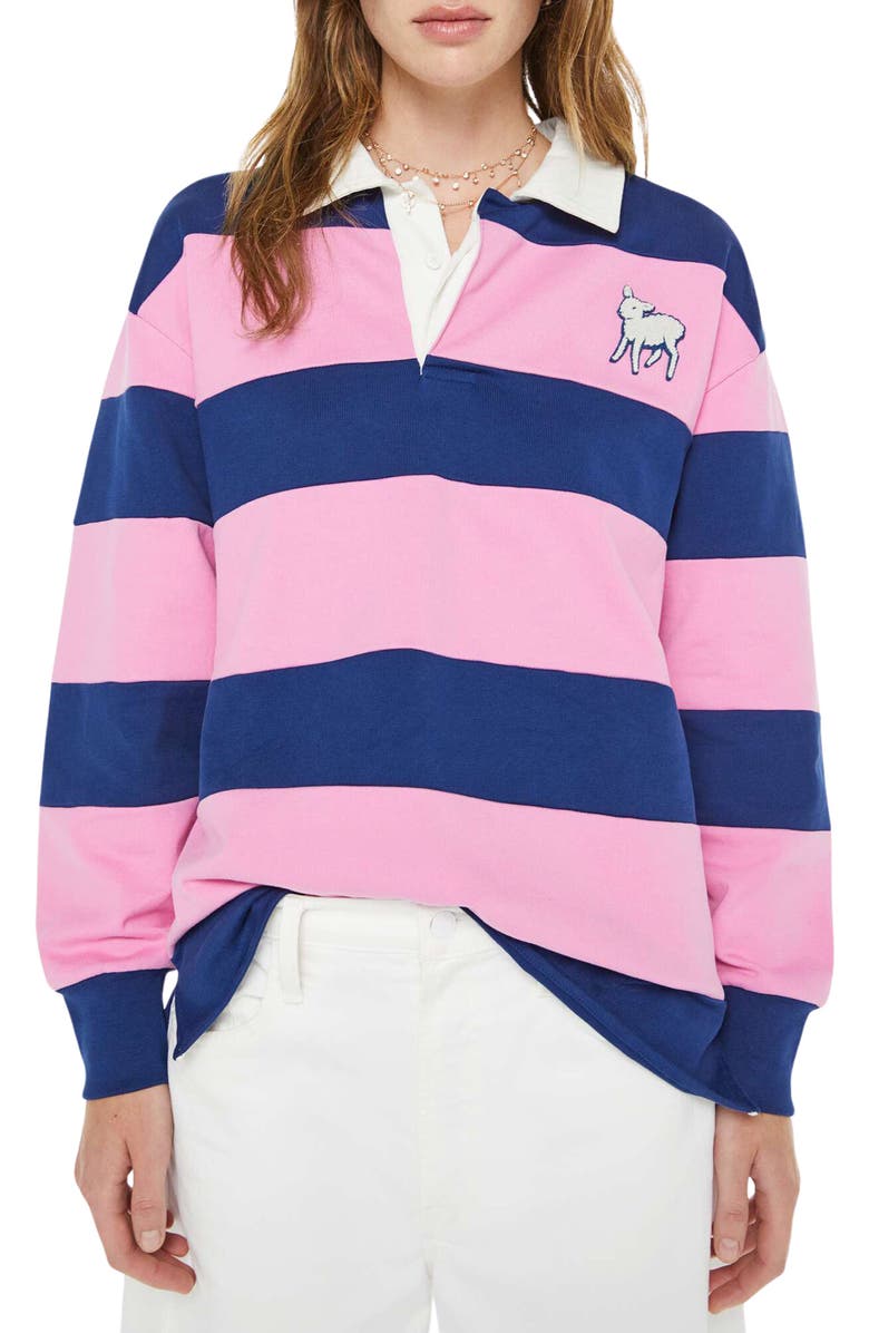 MOTHER Piece Huddle Cotton Rugby Polo, Main, color, Estate Blue And Begonia Pink