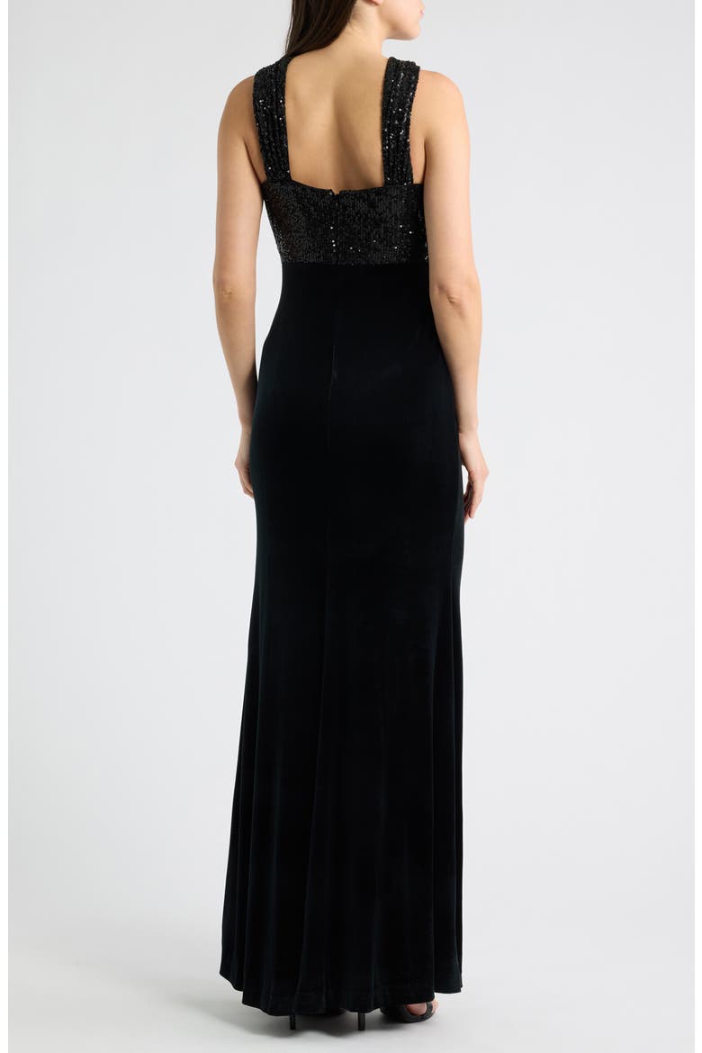 Sequin Cross Neck Mixed Media Gown, Alternate, color, BLACK